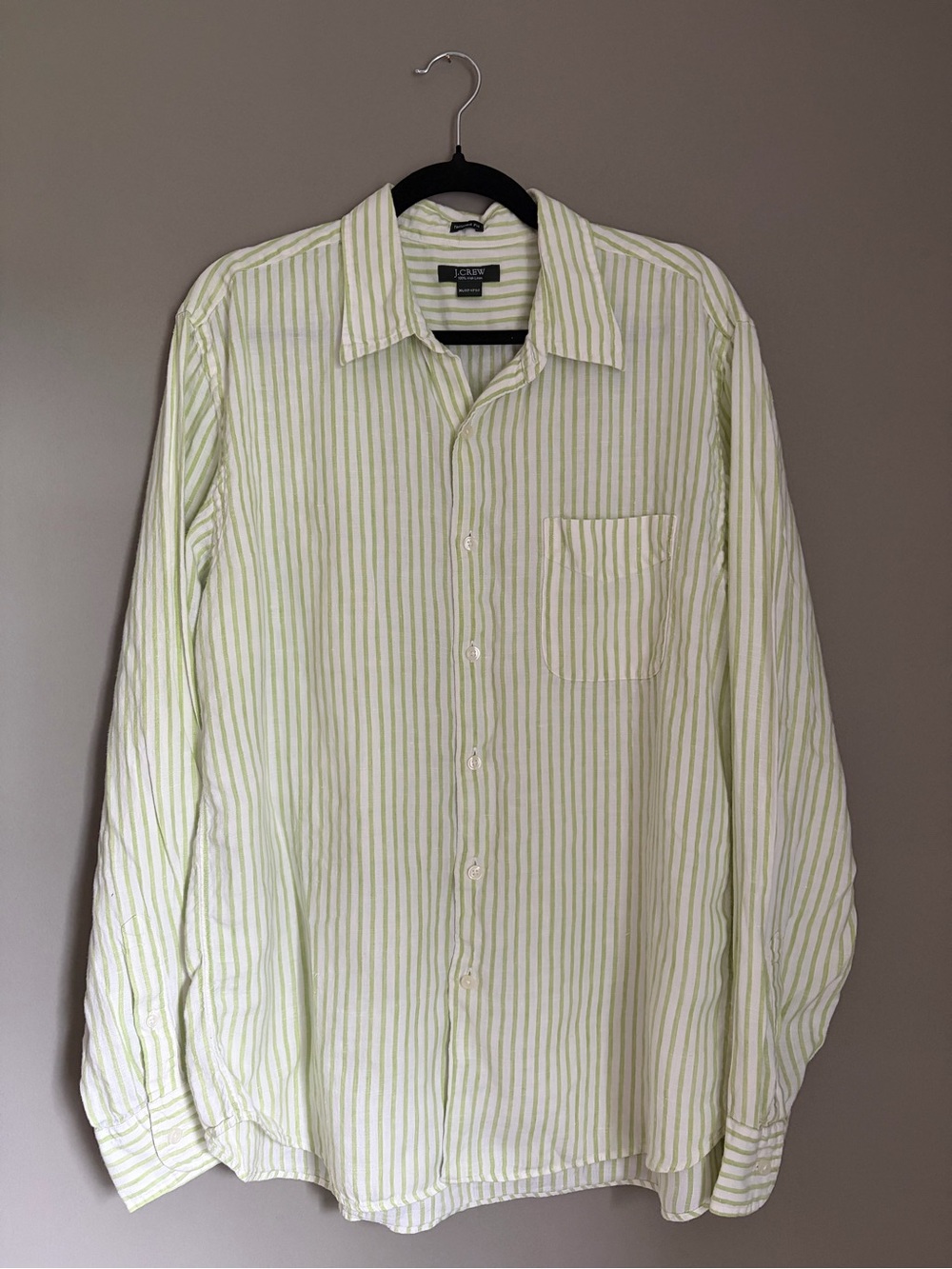J. Crew 100% Irish Linen Striped Button-Up Shirt XL Green White Tailored Fit